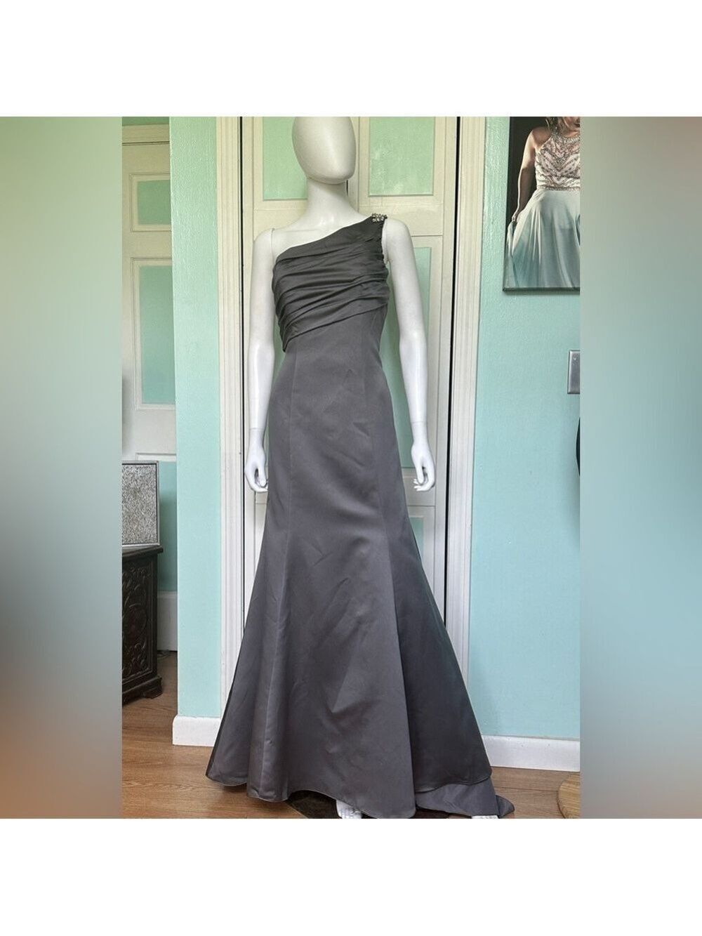 Size 6 Charcoal Smoke Silver Fitted gown one shoulder  bridesmaid mother dress